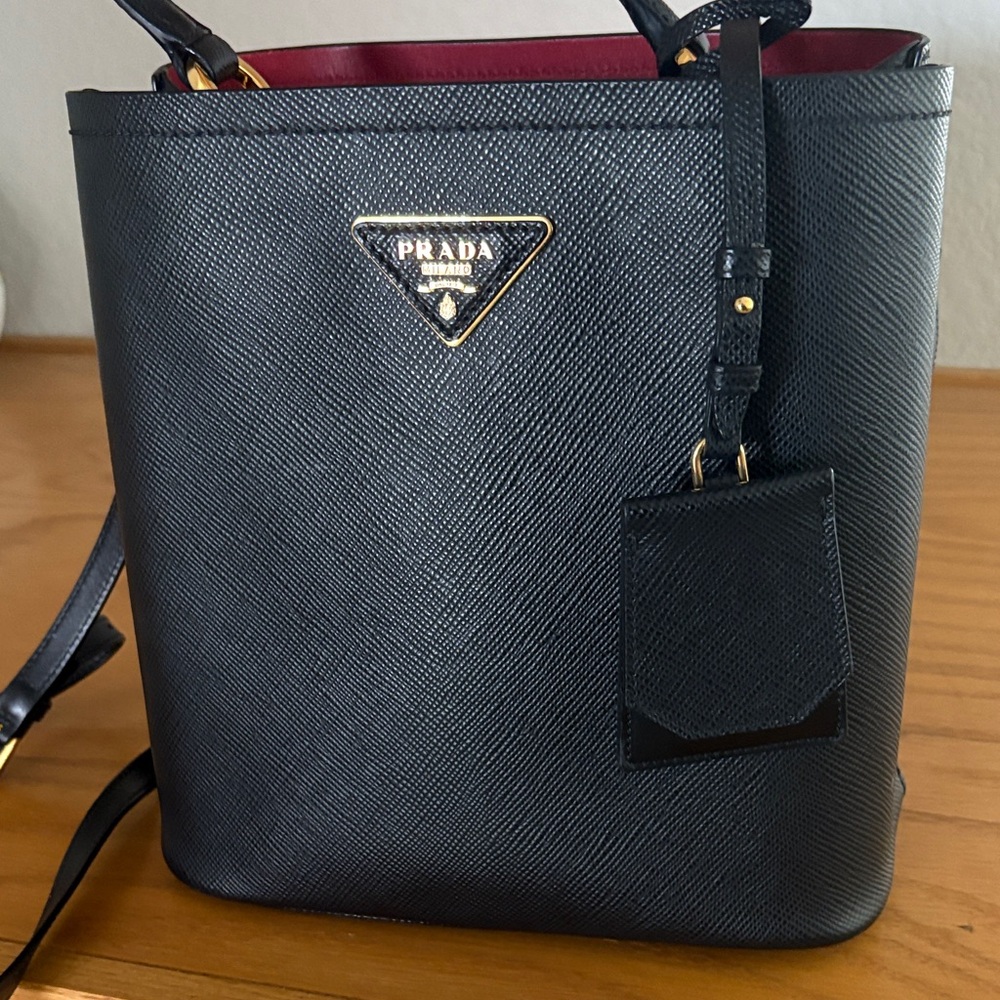 Prada Black Saffiano Leather Tote with Red Interior Trim